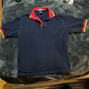 Vintage Men’s Navy Polo Shirt with Red and Yellow Trim 100% cotton